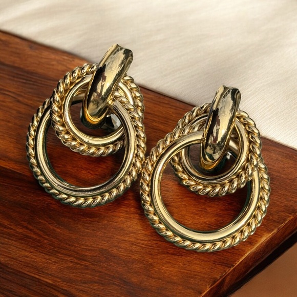 Vintage Signed Givenchy Gold-Tone Twisted Double Hoop Clip On Earrings